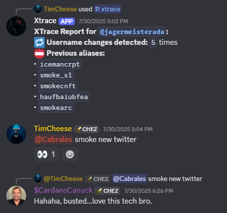 XTrace Discord bot in action showing command usage